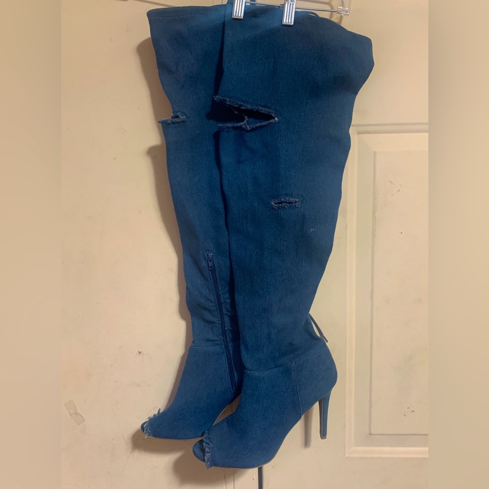 Distressed Denim Thigh High Boots Stiletto - 10✔️